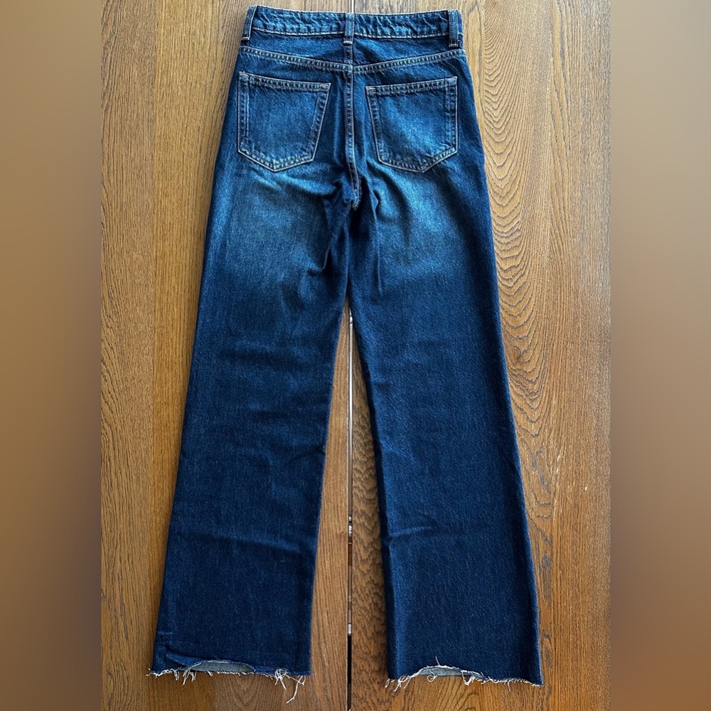 Mango Wide Leg Raw Edge Distressed Hem Blue Denim Jeans Casual Summer Classic - Picture 5 of 13
